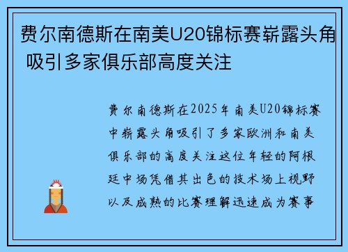 费尔南德斯在南美U20锦标赛崭露头角 吸引多家俱乐部高度关注 费尔南德斯在南美U20锦标赛崭露头角 吸引多家俱乐部高度关注