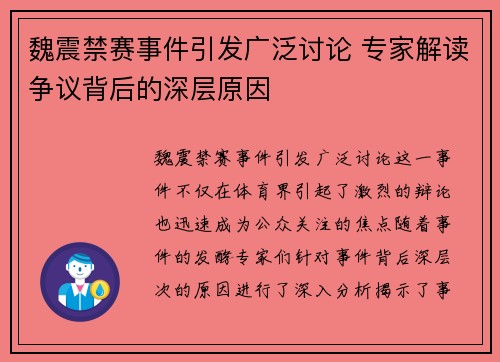 魏震禁赛事件引发广泛讨论 专家解读争议背后的深层原因