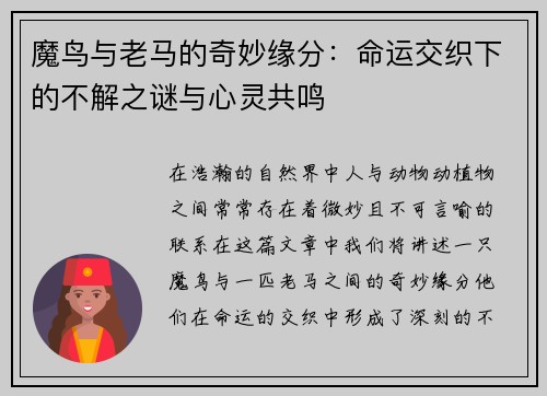 魔鸟与老马的奇妙缘分：命运交织下的不解之谜与心灵共鸣